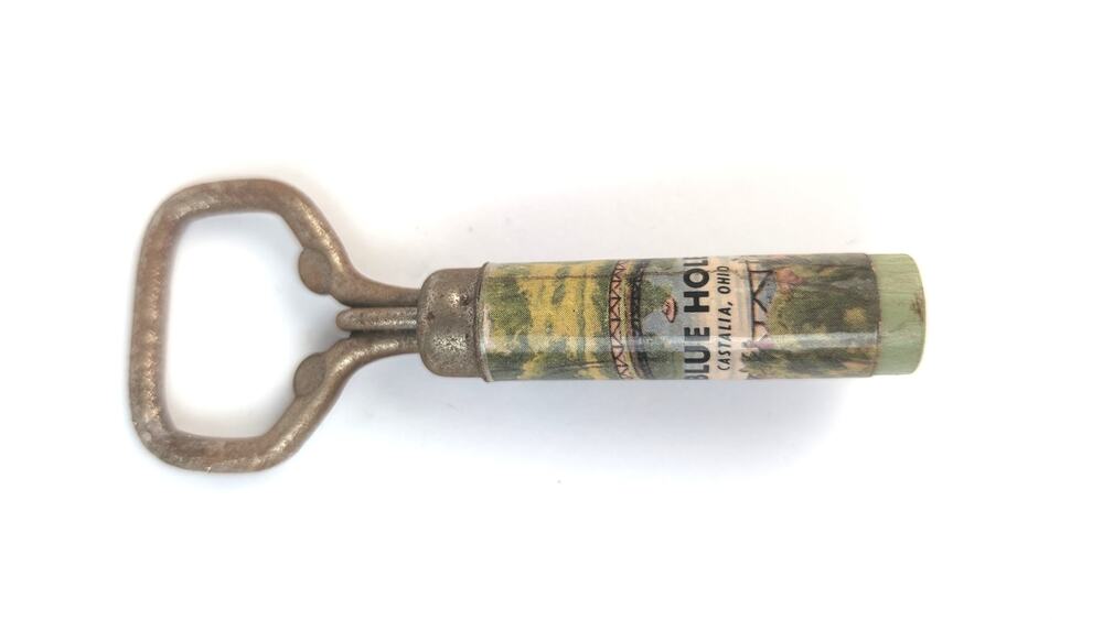 Vintage Blue Hole Castalia Ohio Bottle Opener Translucent Handle Souvenir